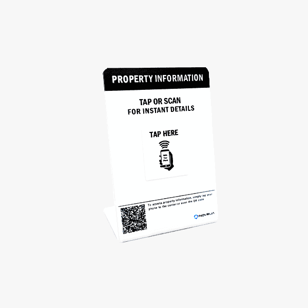 Table stand with scannable QR code for property information sharing at open houses