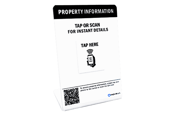 Table stand with scannable QR code for property information sharing at open houses